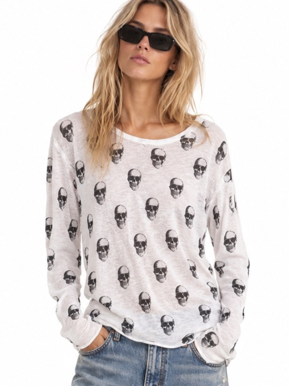 Skull Cashmere 100% Linen Skull Print Lightweight Sweater Top
White Skull Print